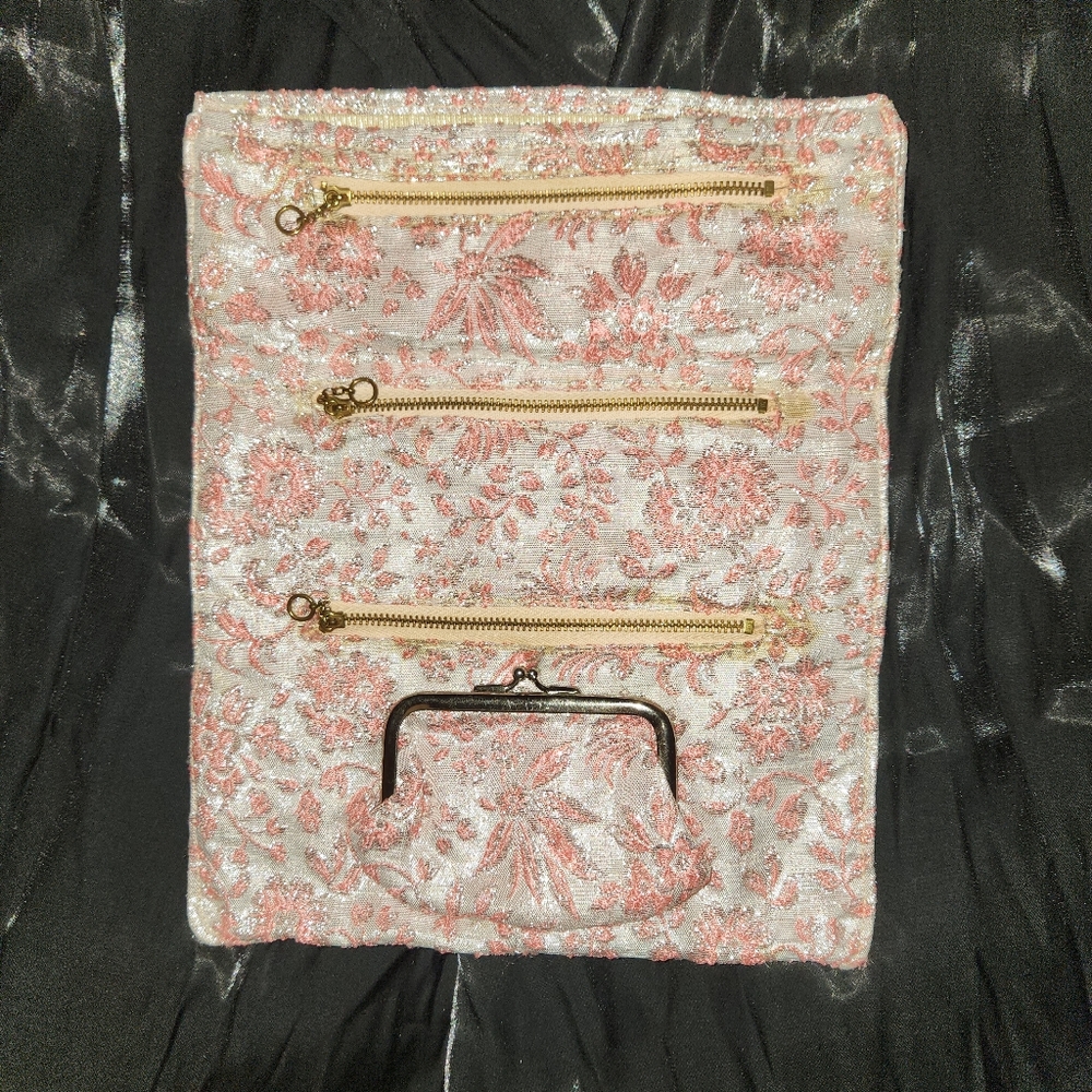 Evening/cosmetic bag, rose gold paisley, foldable, 9 inch wide by 11 inch long - Picture 2 of 6